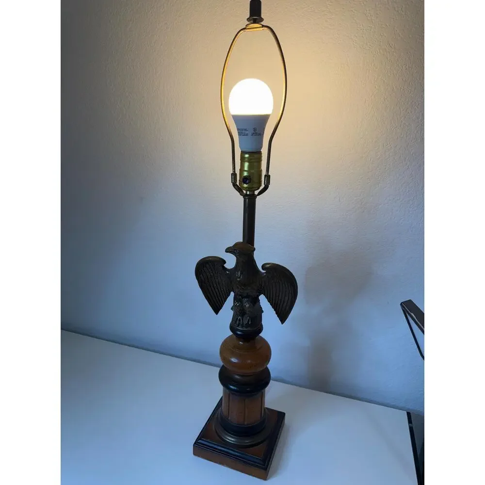Vintage Wood Brass Table Lamp Eagle Finial Federal Style Americana Burlap Shade